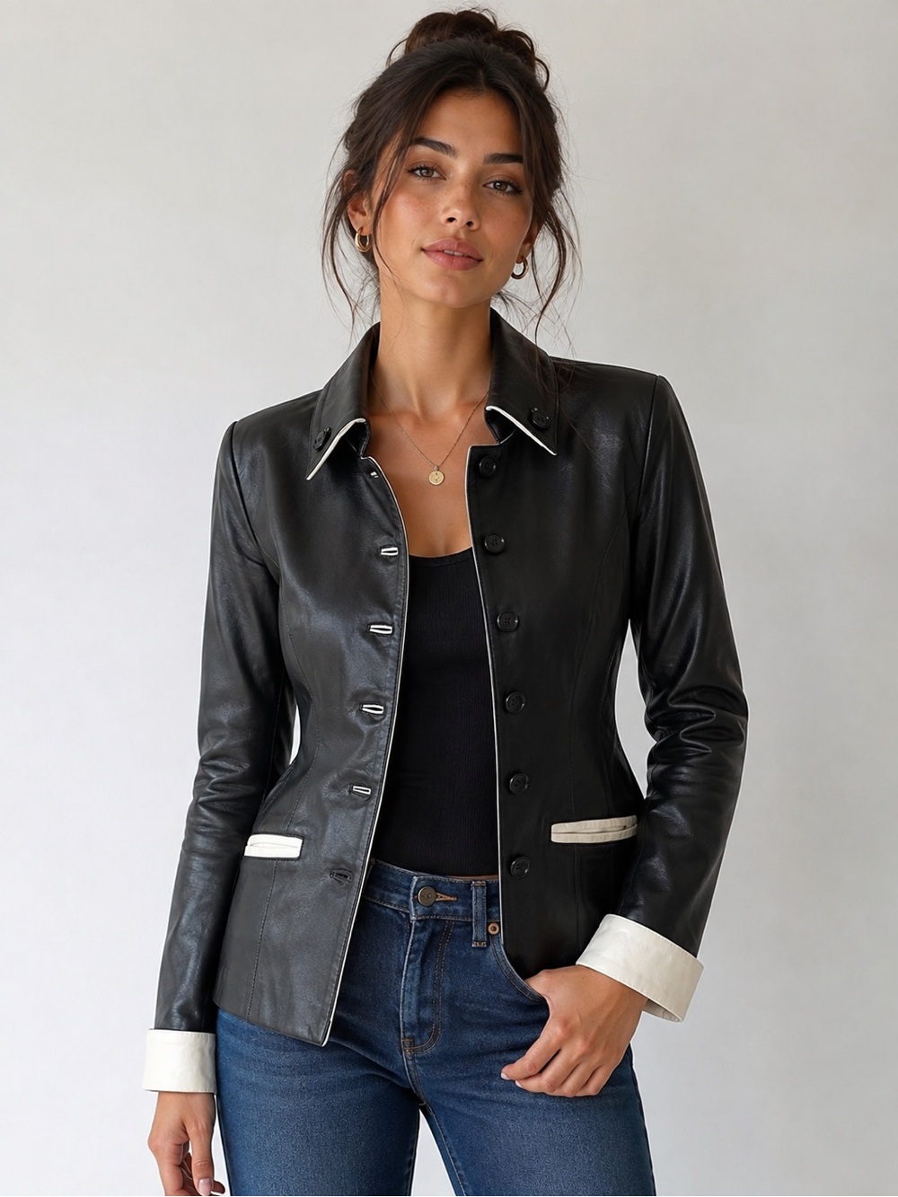 Silky Leather Genuine Leather Blazer Jacket Black & White Y2K Size M